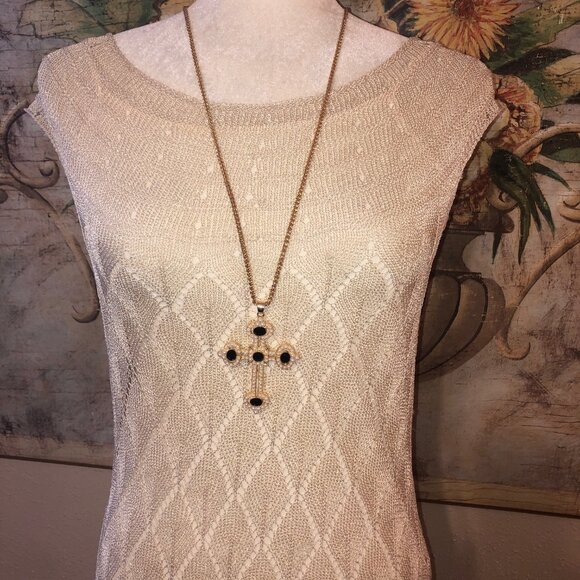 Sz S Ralph Lauren Blue Label Italian Yarn Knit Pointelle Dress Gold Meta… - Picture 3 of 16